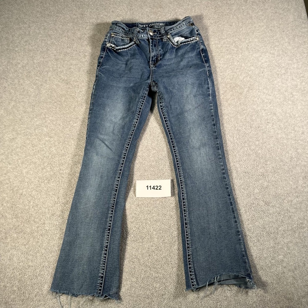 Sexy Couture Womens Bootcut Jeans Medium Wash Sequin Pocket Raw Hem Y2K Size 26